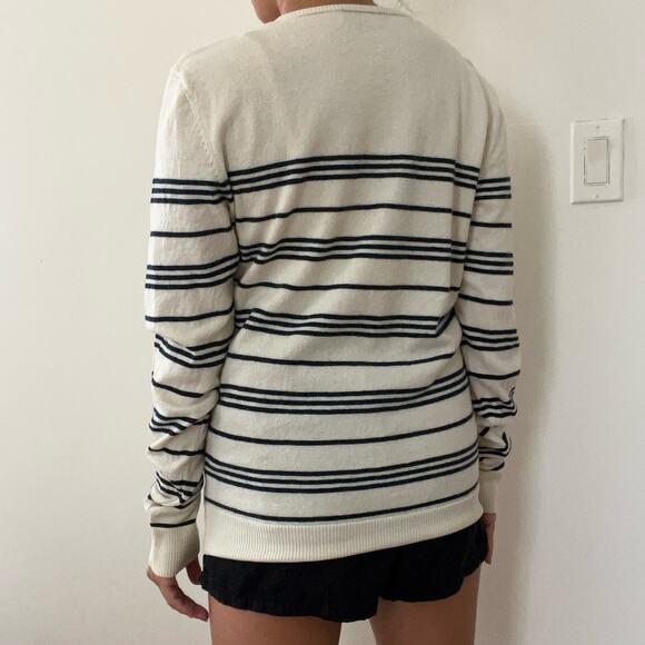 A.P.C. Womens Cream Black Stripe Crewneck 100% Wool Long Sweater Size M - Picture 12 of 12